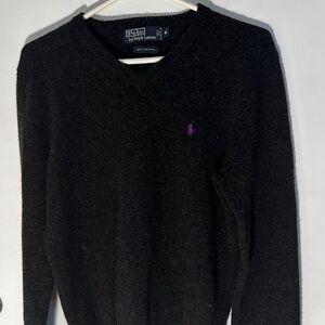VTG 90s Polo Ralph Lauren 100% Lambs Wool Black Purple Pony V Neck Sweater M